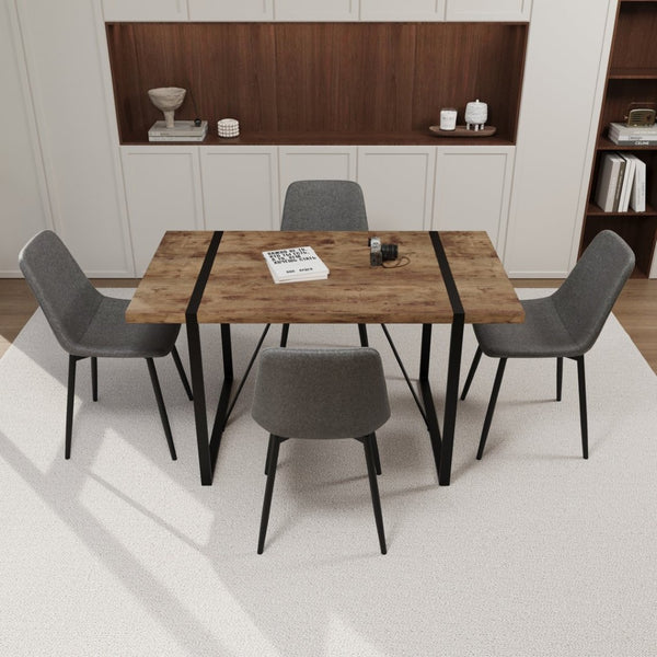 English Elm 55" Dark Wood Mdf Dining Table Set with Four Suede Chairs Matte Black Metal Base W2189S00937