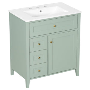 English Elm 30-Inch Contemporary Bathroom Vanity with Sink, MDF & Rubberwood, Glossy Finish, 3 Drawers + Cabinet Green N725P350819F