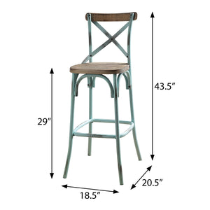 English Elm Antique Sky and Antique Oak Cross-Back Bar Stool with Wooden Seat, Metal Frame, Rustic Comfort B062P185687
