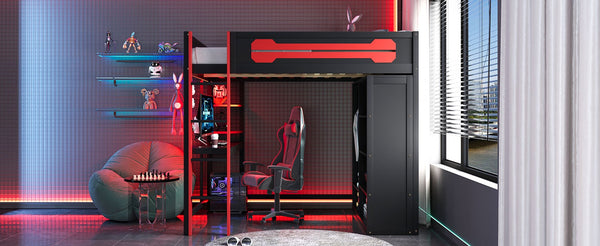 English Elm Full Size Gaming Loft Bed with Rgb Lighting Integrated Desk and Open Wardrobe N820S00073J