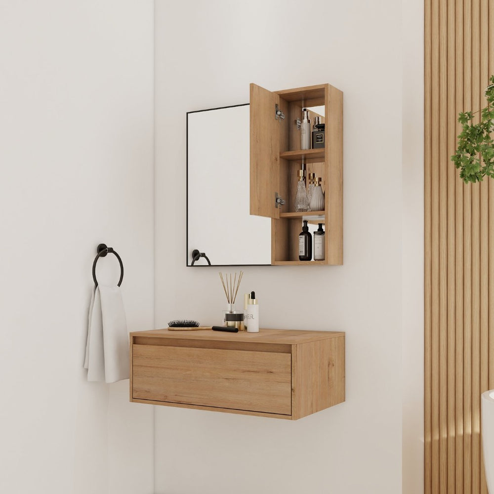 English Elm 30'' Wall Mounted Mirror Cabinet Black Aluminum Frame Soft Close Bathroom Storage W999S00539