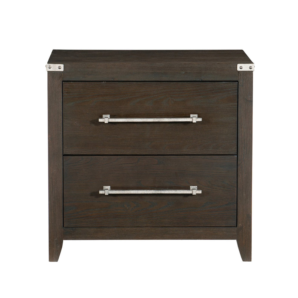 English Elm Dark Brown Bellamy Nightstand with 2 Drawers, Ash Veneer Finish and Mottled Silver Bar Pulls — Modern Transitional Bedroom B011P212249