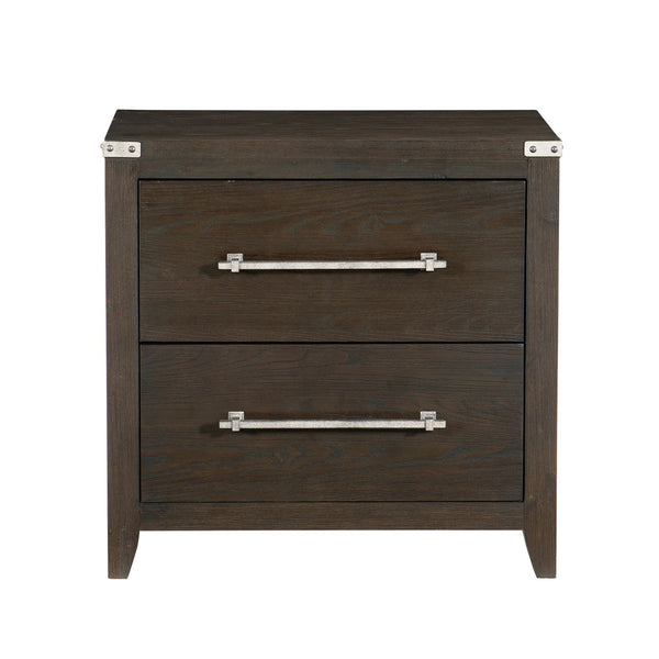 English Elm Dark Brown Bellamy Nightstand with 2 Drawers, Ash Veneer Finish and Mottled Silver Bar Pulls — Modern Transitional Bedroom B011P212249