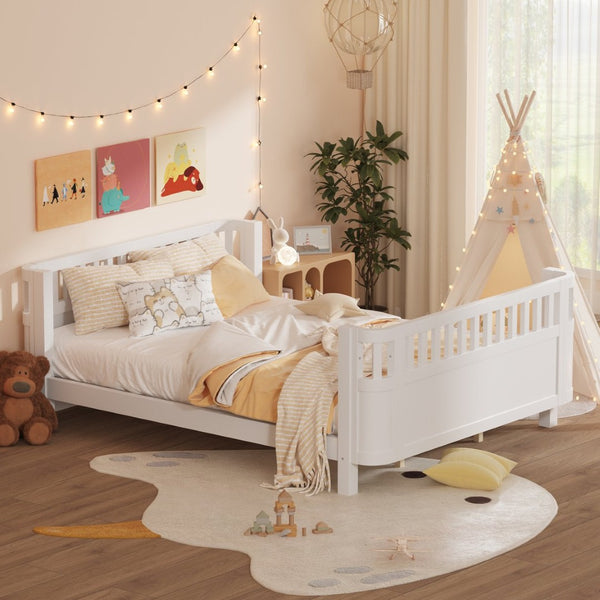 English Elm Queen Low Profile Pine Wood Kids Platform Bed with Guardrails and Rounded Safety Posts White W2593P409122