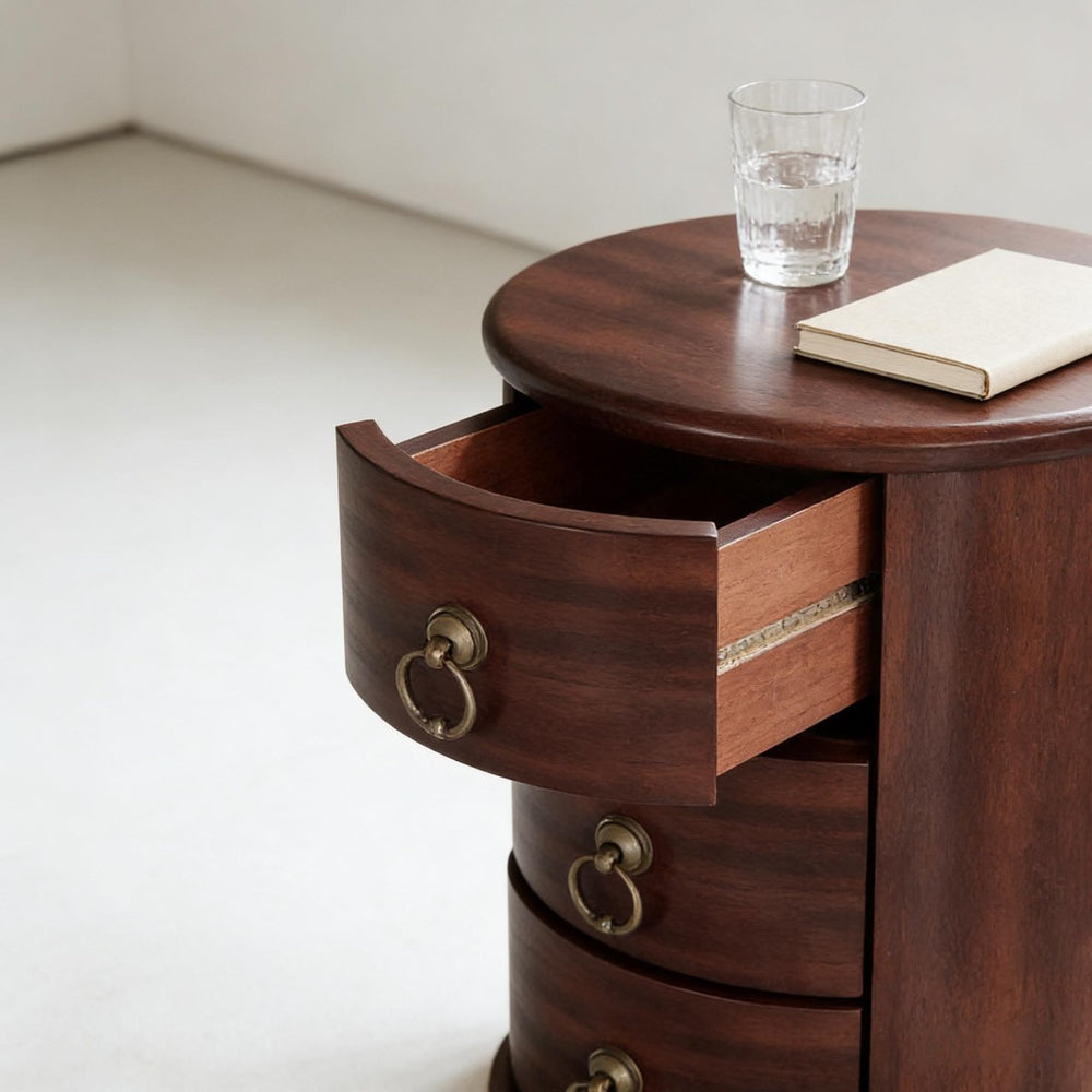 English Elm Wood Round Nightstand Four Drawer Solid Mid Century Modern Bedside Storage Table T3971P451421