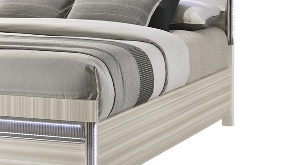 English Elm Leonor King Bed Wood Frame with Led Lighting Gray Vertical Panel Headboard Modern B009S02300