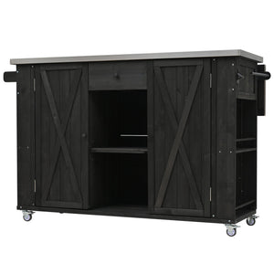 English Elm Outdoor Kitchen Island Solid Fir Wood with Foldable Stainless Top, Ample Storage, Wheels, Opener Black N719P246553B
