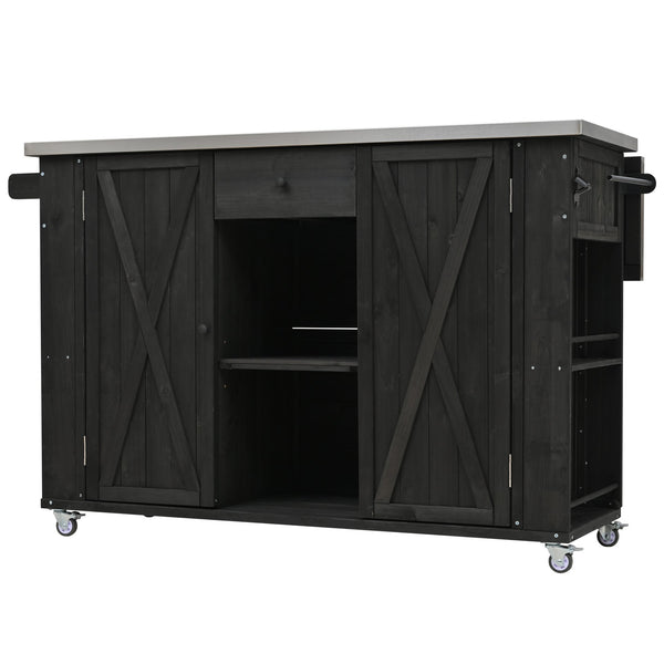 English Elm Outdoor Kitchen Island Solid Fir Wood with Foldable Stainless Top, Ample Storage, Wheels, Opener Black N719P246553B