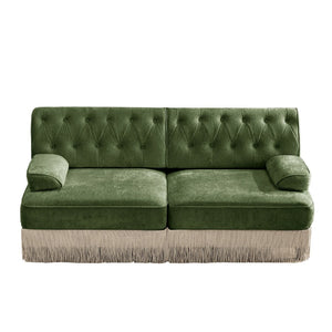 English Elm Soft Velvet Chesterfield Sectional Sofa Tufted Tassel Fringe Skirt Modular Living Room Green W714S01703