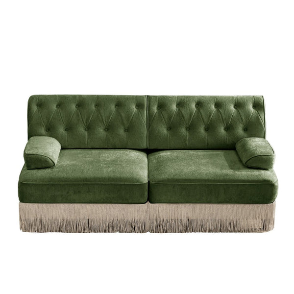 English Elm Soft Velvet Chesterfield Sectional Sofa Tufted Tassel Fringe Skirt Modular Living Room Green W714S01703