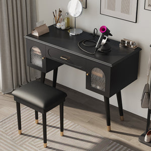 English Elm Elegant Vanity Makeup Table with Charging Station & Carved Glass Door, Sturdy Stool Included Black N844P285188B