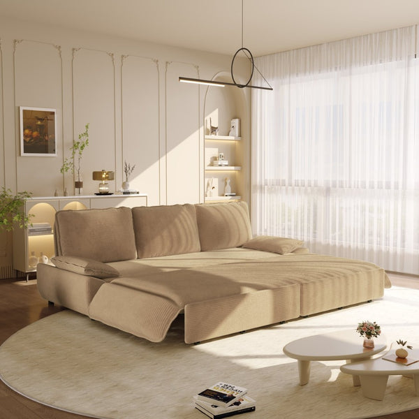 English Elm 94.5" King Convertible Sleeper Sofa Corduroy Upholstered Chaise Lounge Guest Room Bed Camel W1885S00309