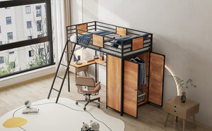 English Elm Twin Loft Bed with L-Shaped Desk and Wardrobe — Space-Saving Iron & Wood Design for Study & Storage Black SF000168AAB