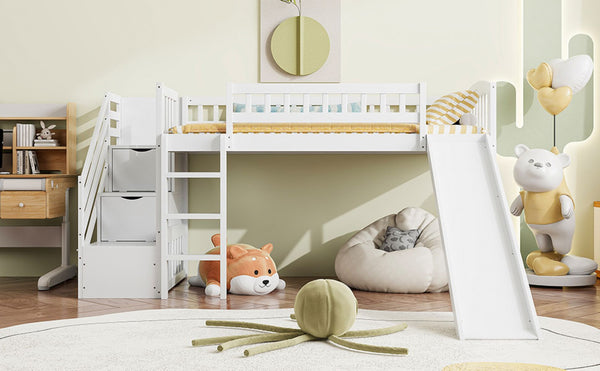 English Elm Stairway Twin Loft Bed with Storage Staircase Slide and Guardrails for Kids White LT000515AAK-1