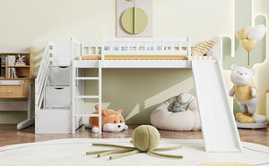 English Elm Stairway Twin Loft Bed with Storage Staircase Slide and Guardrails for Kids White LT000515AAK-2
