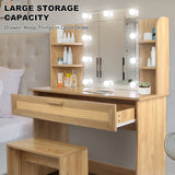 English Elm Vanity Desk Set Stool & Dressing Table With Led Lighting Mirror Drawer and Compartments Modern Wood Cosmetic Table Chest Of Drawers Nature Color