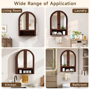 English Elm Wall Mounted Arched Cabinet Tempered Glass Doors Led Lighting Adjustable Shelves Bathroom Brown T3210P471559