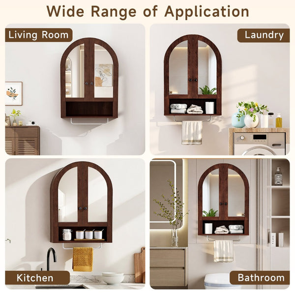 English Elm Wall Mounted Arched Cabinet Tempered Glass Doors Led Lighting Adjustable Shelves Bathroom Brown T3210P471559