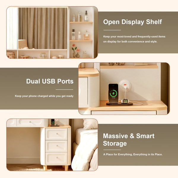 English Elm Vanity Desk With 3 Lighting Modes, Usb Ports, Foldable Mirror & Ample Storage For Small Spaces W3767S00001-GIGA