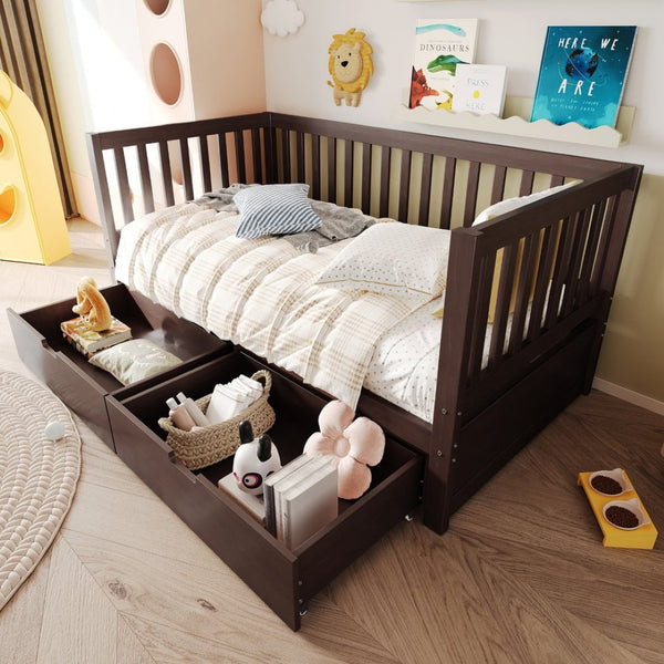 English Elm Convertible Toddler Daybed Solid Pine Kids Bed with Storage Drawers and Removable Rails Espresso N899P429848N