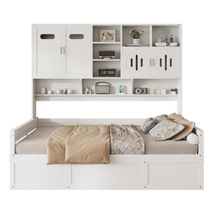 English Elm Full Size Wooden Daybed With Hydraulic Lift, Integrated Storage Cabinet & Stylish Shelving, White N820S00047K