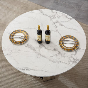 English Elm 47" Round Marble Dining Table - Modern High Gloss Faux Marble Top & Stainless Steel Base For Elegance W3456S00034