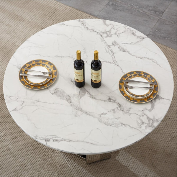 English Elm 47" Round Faux Marble Dining Table Mirror Polished Steel Base Seats Four Modern W3456S00034