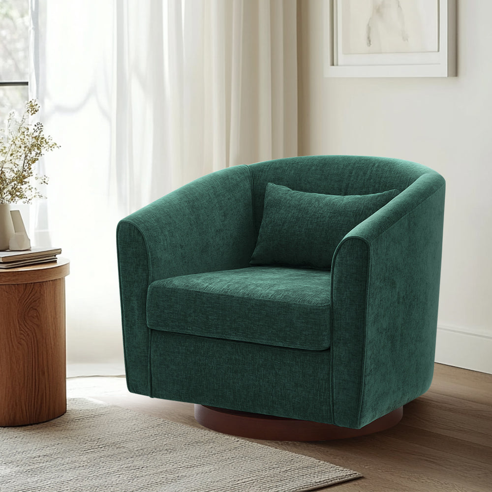 English Elm Swivel Green Chenille Accent Chair with 360° Wood Base, Plush Wide Barrel Seat for Living Room W2606P253944