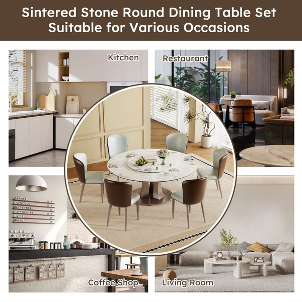 English Elm 59" Round Dining Table With Lazy Susan, Heat-Resistant Stone Top & Stylish Industrial Base For 8 W2699S00048