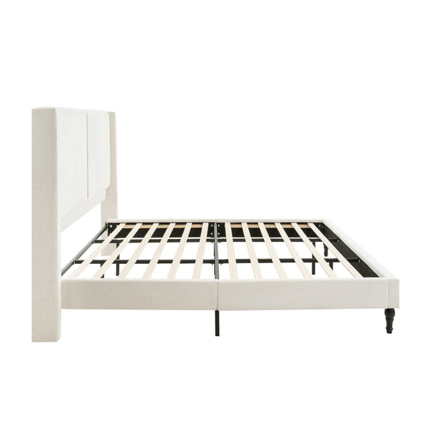 English Elm King Upholstered Bed Frame with Tall Bouclé Headboard, Solid Wood Feet, 12-Slat Support, 1000lb Capacity Beige 81.3 L x 31.5 W x 8.27 H W1716P335675
