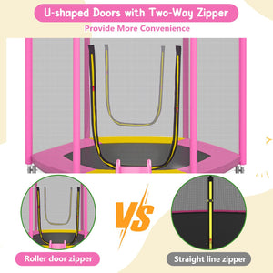English Elm 7ft Hexagonal Kids Outdoor Trampoline with Enclosure Net Slide and Ladder Pink N739P272805P