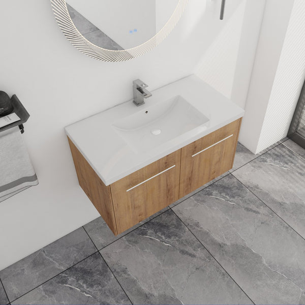 English Elm 36 Inch Floating Bathroom Vanity with Resin Sink, Soft-Close Doors, KD Pack, Modern Storage Design W999P188200
