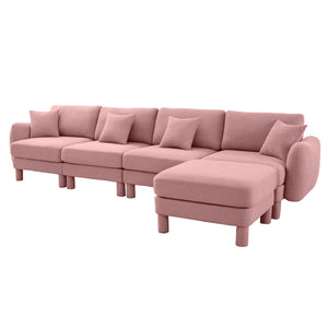 English Elm Boucle Fabric Convertible L-Shape Sectional Sofa With Shell Armrests & Removable Ottoman In Pink W3041S00296