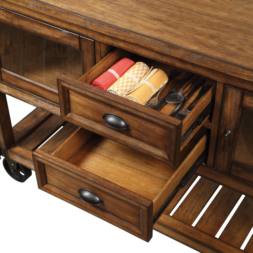 English Elm Kadri Distressed Chestnut Kitchen Cart with Glass Doors, 2 Drawers, Slatted Shelf & Locking Casters B2726P272327