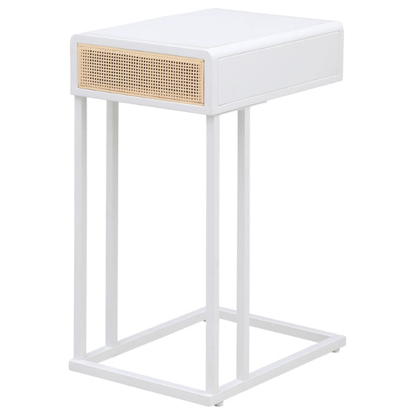 English Elm Kenneth White C-shaped Sofa Side Table with Rattan Weave Drawer for Living Rooms B062P440088