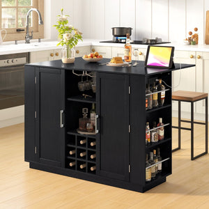 English Elm U_style Compact Kitchen Island with Drop Leaf Power Outlet Wine Rack Stemware Storage Black N711P437715B