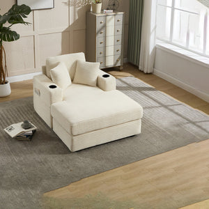 English Elm [New]Corduroy Chaise Lounge Sofa with Cup Holders,Detachable Cushions,Deep SeatMagazine Bag Beige W2120P322752