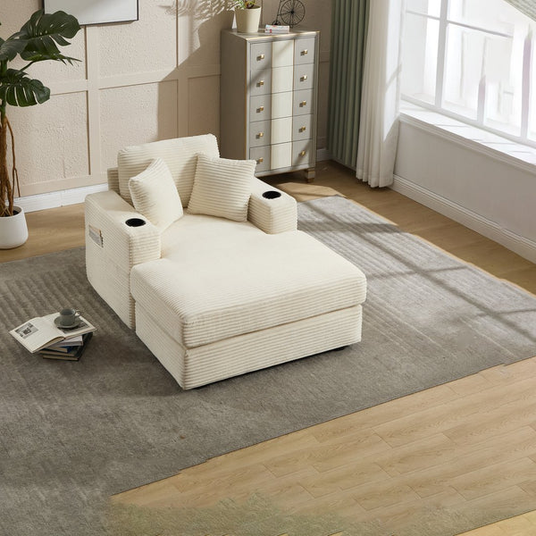 English Elm [New]Corduroy Chaise Lounge Sofa with Cup Holders,Detachable Cushions,Deep SeatMagazine Bag Beige W2120P322752