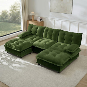 English Elm 107" U Shaped Chenille Sectional Cloud Sofa with Ottomans Deep Seat Modular Living Room Green W714S01730