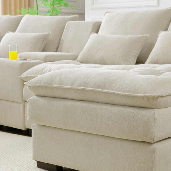 English Elm 130" U-shaped Sectional Sofa Six Seat Linen Upholstered with Built-in Console and Chaise Beige W1117S00271