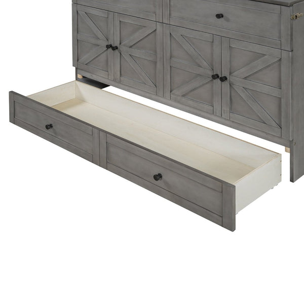 English Elm Queen Murphy Wall Bed with Usb Ports Storage Drawers and Cabinet Style Panel Front Gray N708S00006AAE