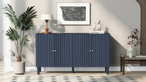 English Elm U_STYLE Four-Door Sideboard with Wavy Panel Doors, Cylindrical Wood Legs, Sleek Metal Handles, 67" länge Navy Blue N711P186790V