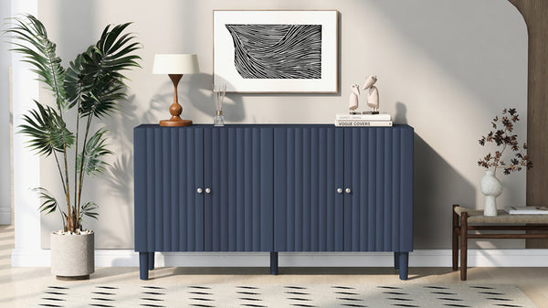 English Elm U_STYLE Four-Door Sideboard with Wavy Panel Doors, Cylindrical Wood Legs, Sleek Metal Handles, 67" länge Navy Blue N711P186790V
