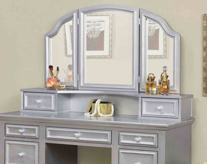 English Elm Transitional Glam Mirrored Vanity with Padded Stool, Spacious Drawers, Central Mirror for Prep and Storage Silver 51 L x 21 W x 30 H B2741P400804