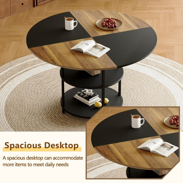 English Elm Table and Chair Set Sunburst Mdf Round Dining for Six with Dual Shelf Black Metal Legs W1151S03850