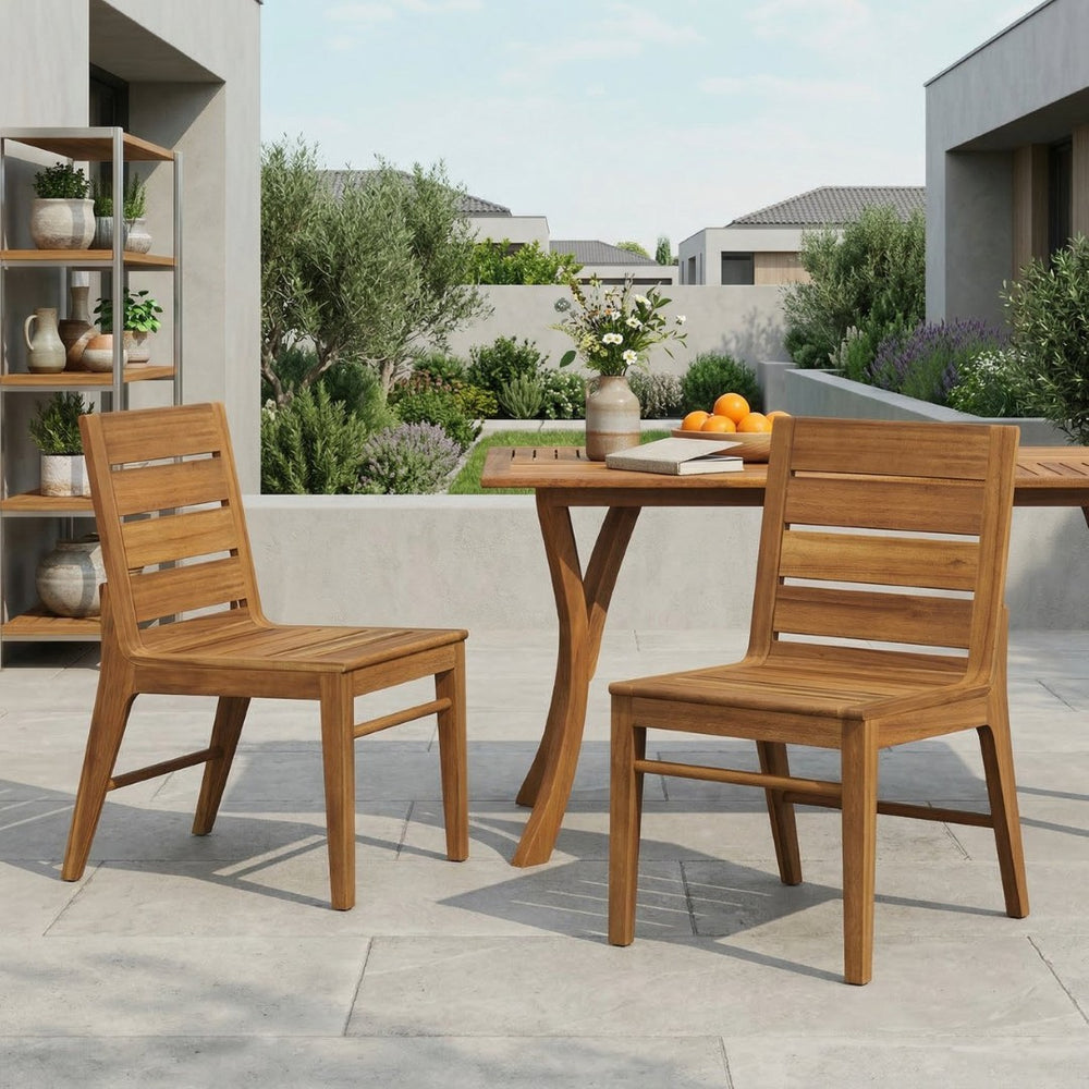 English Elm Outdoor Acacia Wood Patio Dining Chairs Set of 2 Teak Slatted Ergonomic Garden Seating N773P355906T