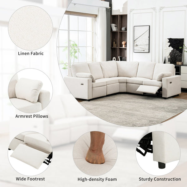 English Elm 89" Power Recliner Sectional Sofa with USB Ports, Storage Drawers, Linen Upholstery, Theater Comfort Beige N719S001590A