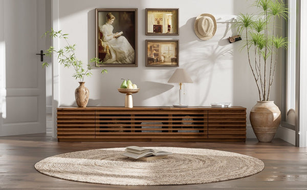 English Elm 70 Inch Walnut Media Console Low Profile Tv Stand with Soft Close Flip Doors N710P374711P