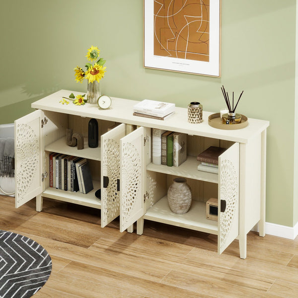 English Elm Hollow-Carved 2 Door Accent Cabinet with Adjustable Shelves, Anti-Tip Sideboard for Entryway Living Room Bedroom (36.11"L x 18.12"W x 7.68"H) W688P225282