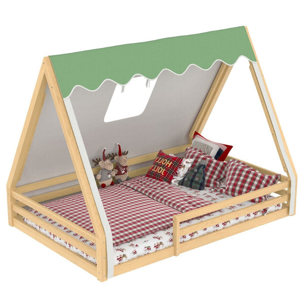 English Elm Twin Montessori Floor Bed Solid Pine Teepee Frame with Guardrails and Canopy Light Natural W1580P369468